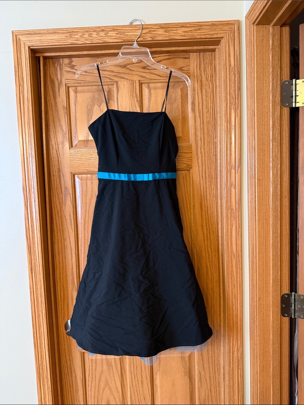 Black A-Line Strapless Dress with Teal Waist Accent